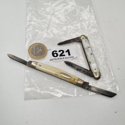 621 - Two mother of pearl pen knifes,