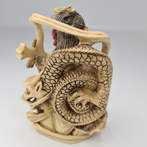 40 - Super 19th century ivory statue of a lady playing a musical instrument with a dragon chasing a pearl... 