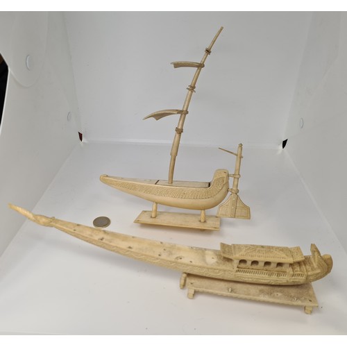 638 - Two 19th century carved ivory Boats. One boat looks Chinese in nature The other a sailing ship