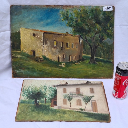 102 - Pair of oils on boards of french counrty houses. One signed by Jules-Andre Faucon. 19th-20th century... 