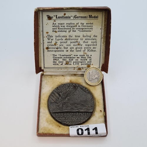 11 - Lusitania German medal in the box.  The Lusitania was sunk by a German Submarine on May 7th 1915 1,1... 