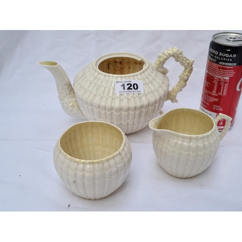 120 - Belleek first period 3 piece set, tea pot (no lid and small inner rim loss), cream and sugar bowl (b... 