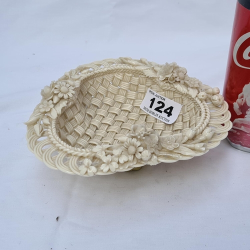 124 - Irish Belleek early heart shaped floral basket on three tiny raise feet. Stunning piece in excellent... 