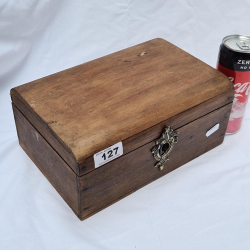 127 - Wooden jewellery/needle box with brass lock (25cm x 19cm)