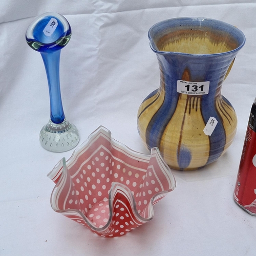 131 - Three pieces. Red and white pokadot glass vase
Blue base and bubble bud vase and a Shelley England c... 