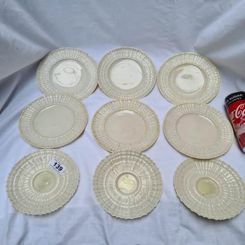 139 - Irish Belleek early black stamp
3 x scolloped saucers
6 x side plates (5 in good order, one with a s... 