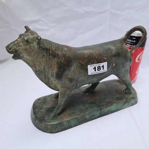 181 - Antique  Cast bronze bull on stand, extremely heavy piece and very unusual Lovely patina. Good age t... 