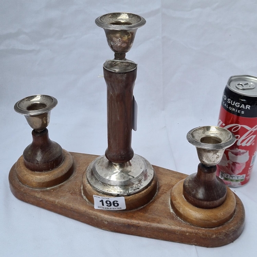 196 - Wood and Sterling silver topped trio candle stick