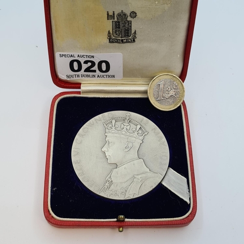 20 - Sterling Silver large 1937George 6th coronation medallion in fitted box. .