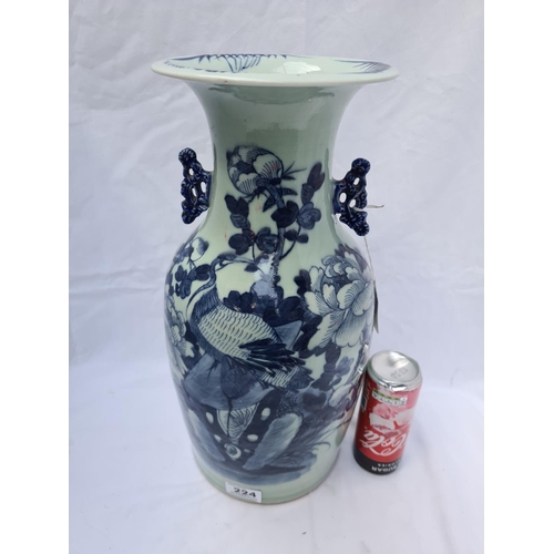 224 - Large (42cm) Chinese, blue and white, 19th Century calendon vase with a birds and intricate handles ... 