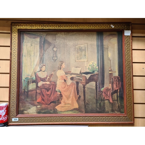 226 - Large framed print duo playing in the music room. Looks to be mid 1800's American, signed by artist ... 