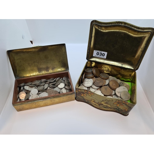 30 - Box of Irish coins and a box full of shillings.
