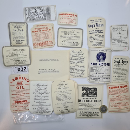 32 - Good collection of Antique Chemist labels. From a pharmacy in Castle Pollard.