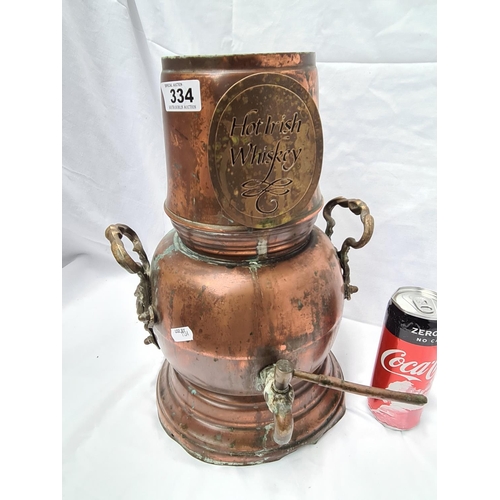 334 - Copper, 'Hot Irish Whiskey' heater with spout and electric plug at the back. No top