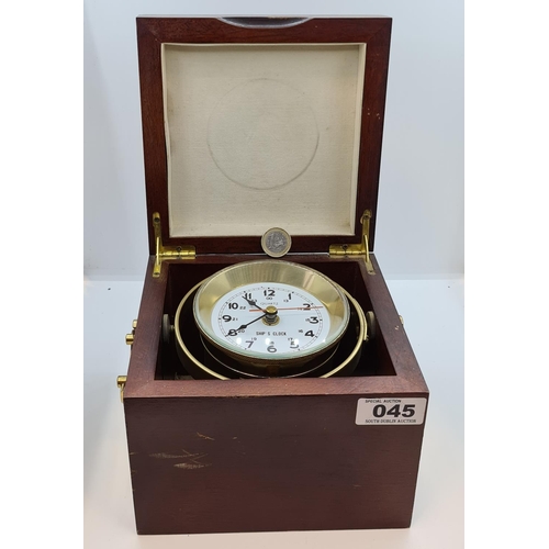 45 - Good quartz Ships clock in a fitted wooden box.