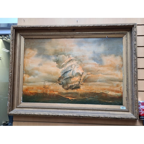 54 - Very large, signed oil of two ships. Signed by the artist. Recalls Turner's paintings of ships. c. 1... 