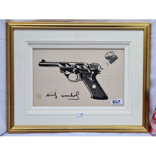 67 - After Andy-Warhol's 'A drawing of a hand gun by Andy Warhol on Studio 54 paper'. Paper folded and ag... 