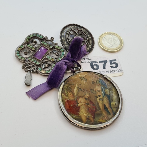 675 - Three interesting brooches inc One dated 1837,  A silver Dublin Presidents club badge and A lovely V... 