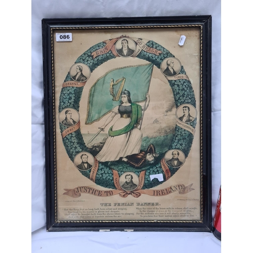 86 - 'Justice to Ireland' Vintage print.1866 lithograph with wreath containing portraits of various Irish... 