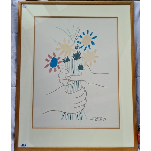 91 - Large, Picasso Original Lithograph of hands holding a bouquet from 21.4.58.