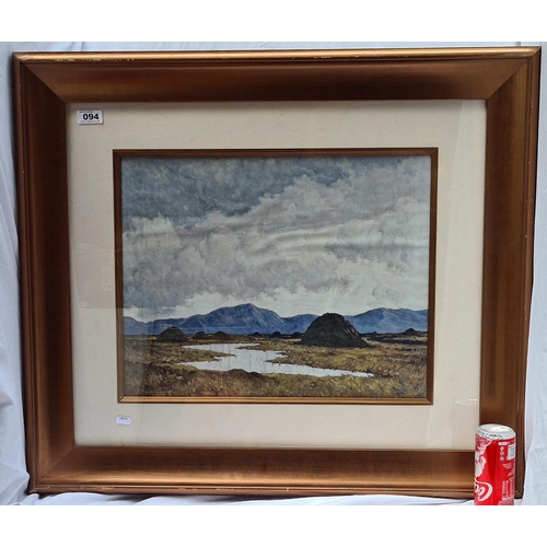 94 - Large framed Paul Henry print of peat stacks.