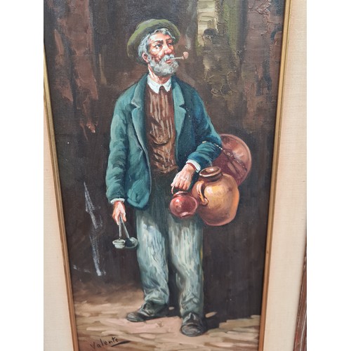 97 - G Valente oil painting of old man holding casks. Spanish artist. 20th century artist. Signed Valente... 