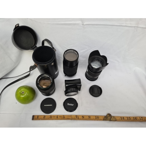 371 - Selection of 4 camera lenses. Including Hanimex, Vivitar.