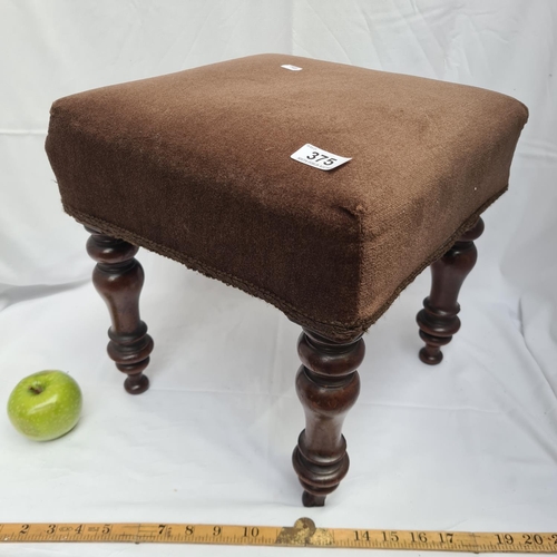 375 - Victorian fabric covered foot stool with lovely turned legs. 32 cm x 30 cm high.