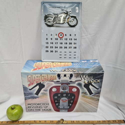 381 - Super Cruiser wall clock. Makes revving noise every hour. And a metal motorbike wall calendar with m... 