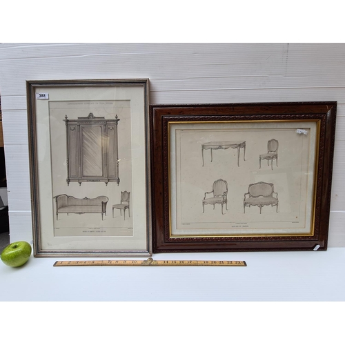 388 - Pair of vintage framed prints of antique furniture styles.