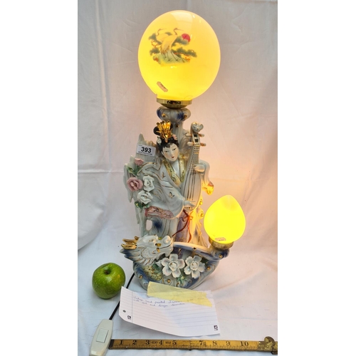 393 - Vintage large hand-painted Japanese table lamp with two bulbs , with girl and dragon decoration.