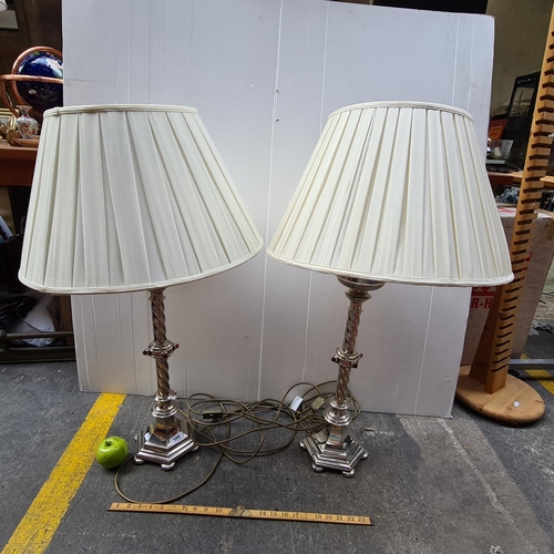 396 - Pair of very large matching silver-plated lamps with cabochon red stone decoration and large pleated... 