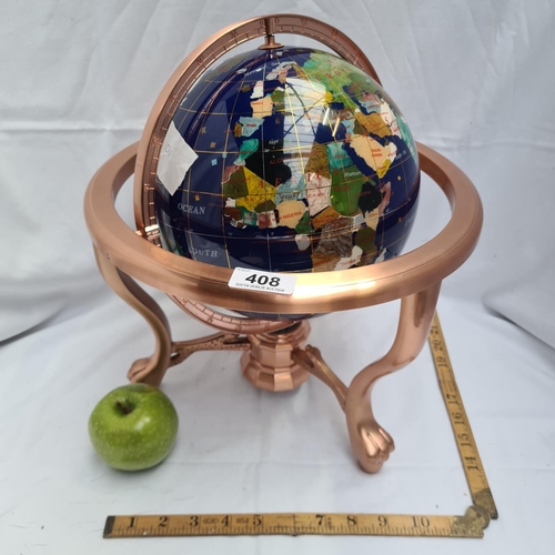 408 - Jewelled Globe on a copper-toned stand with a compass underneath. Lovely piece. Heavy