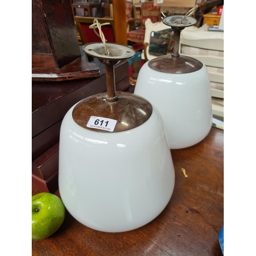 611 - Two Antique Ceiling lights with opaque glass shades and copper galleries. In good order.