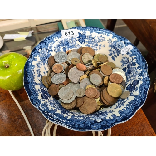 613 - Royal Worcester Bowl filled with mostly Irish Coins.