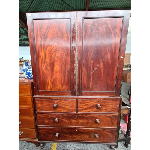 621 - Victorian linen cupboard, No shelves but has a hanging rail and 3 drawers to the base. 196 cm x 120 ... 