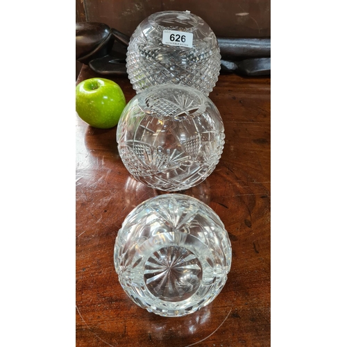 626 - Set of three round crystal rose bowl, largest from Waterford Crystal and the middle from Dublin Crys... 