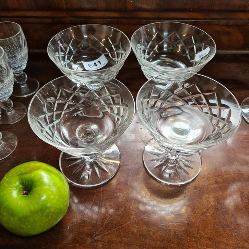 641 - Four matching champagne saucers crystal glasses. In good order. Good for starters and desserts.