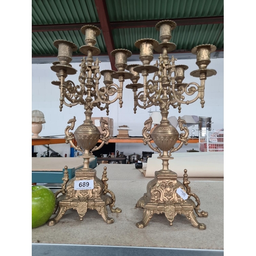 689 - Lovely pair of heavy brass antique tall 5 branch antique candelabras.