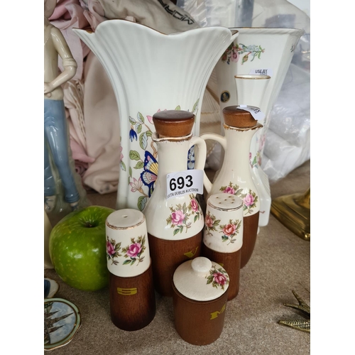 693 - Collection including an Aynsley vase and bud vase, Royal Tara vase , Oil and Vinegar and Salt and Pe... 