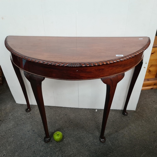 703 - Victorian Mahogany Demi lune console table with roped edging