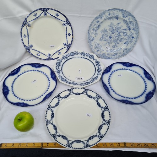 603 - 6 dinner plates. Includes one Booths silicon china blue and white, Two Raleigh, an E. Bourgeois, and... 