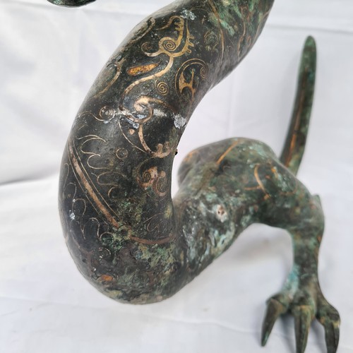 402 - Chinese antique Bronze heavy antique dragon sculpture with Gold cloisonne enamel decoration. Large, ... 