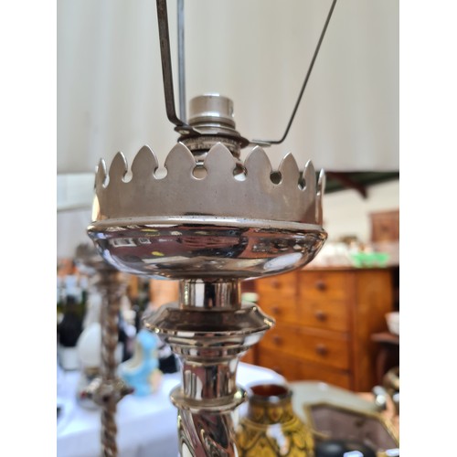 396 - Pair of very large matching silver-plated lamps with cabochon red stone decoration and large pleated... 