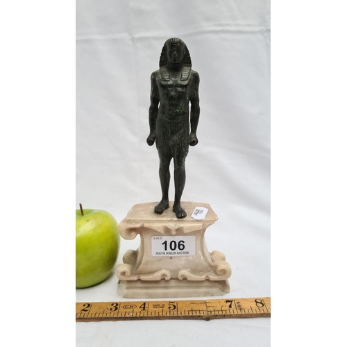 106 - Miniature Egyptian bronze statue mounted on a marble pedestal. Lots of age interesting piece.