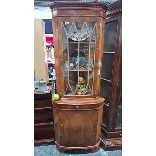 589 - Lovely inlaid corner cabinet with astra glazed doors, Very clean handsome example, missing back leg ... 