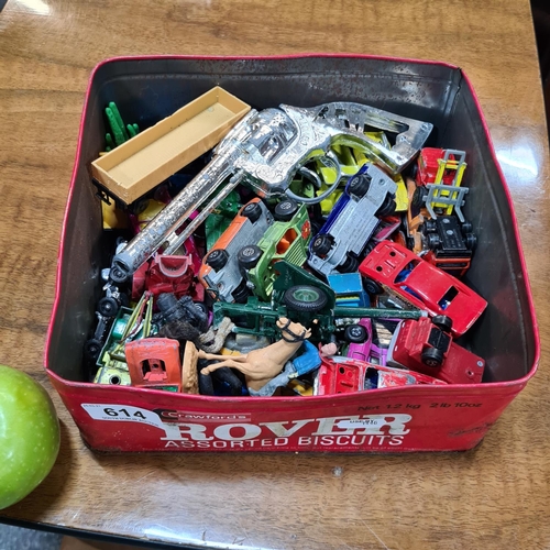 614 - Box of vintage cars inc Dinky, matchbox and Corgi and a cowboy toy gun.