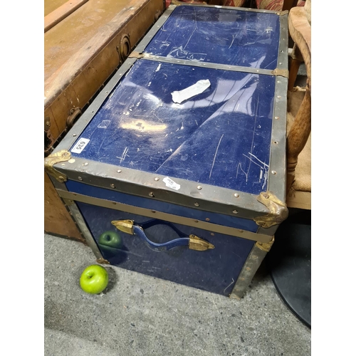 635 - Large vintage blue  trunk with iron banding