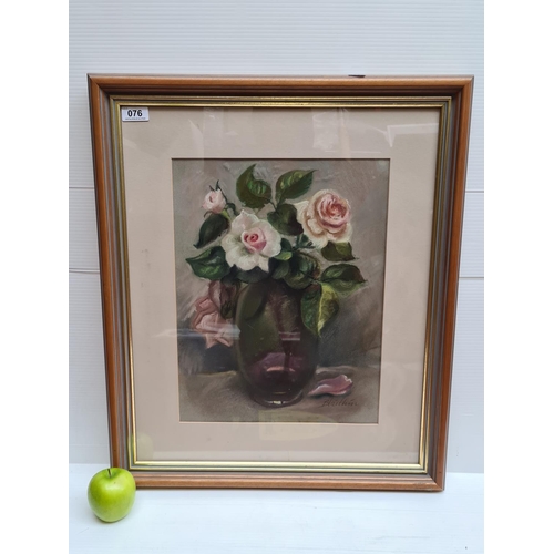 76 - Blaithin O'Ciobhain, b1935 'Summertime Afternoon'. Pastel of pink roses in a glass vase. Mm: 65 cm x... 