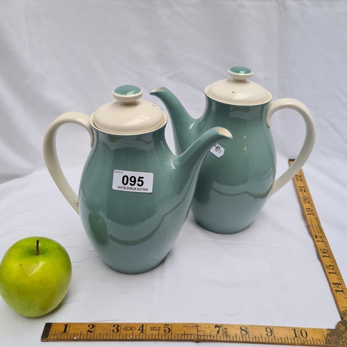 95 - Pair of large, duck-egg blue Royal Doulton teapots. In VGC